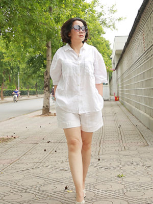 Áo cổ đức túi ngực khâu trang trí White