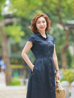 Váy đầm sơ mi cổ đức tròn xếp ly chân váy Navy