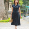 Váy đầm sơ mi cổ đức tròn xếp ly chân váy Navy 2