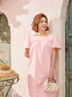 Váy đầm cổ vuông mí gấu Pink 4