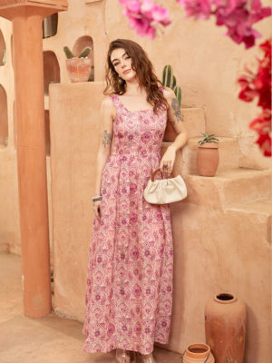Váy đầm maxi 2 dây cổ vuông Purple Floral 1