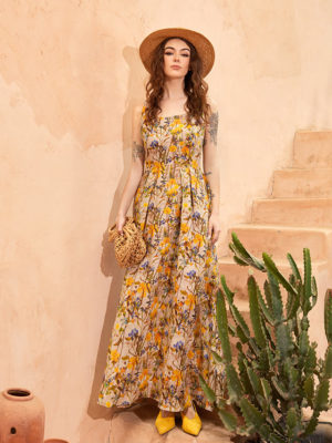 Váy đầm maxi 2 dây cổ vuông Yellow Floral 2