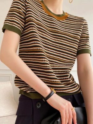 Áo len tay cộc sọc ngang nhiều màu Brown