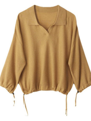 Áo len tay lỡ cổ sơ mi rút gấu Beige