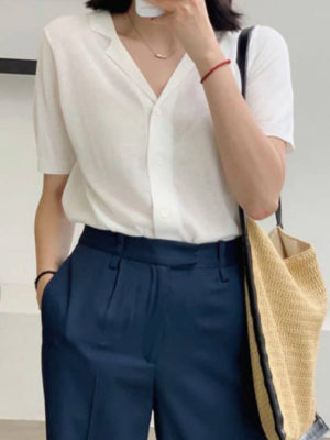 Áo len cài cúc cổ 2 ve White