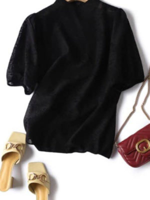 Áo len tay bồng hoa chìm Black