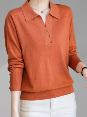 Áo len dài tay cổ sơ mi cúc bọc Orange