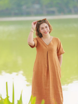 Váy đầm cổ tim ly chụm ngực Brown 1
