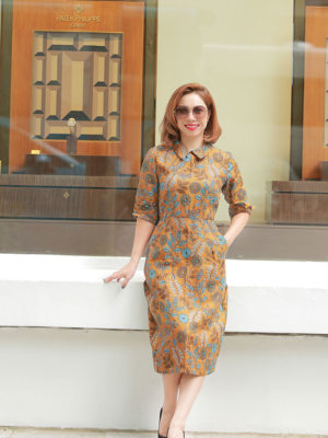 Váy đầm cổ sơ mi can eo túi chéo Brown Floral 3