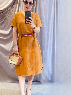 Váy đầm cổ tim can eo thổ cẩm Brown 4