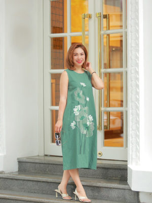 Váy đầm dáng A thêu hoa sen Olive 1