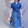 Váy đầm hoa cổ 2 ve tay bồng Navy Floral 2