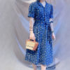 Váy đầm hoa cổ 2 ve tay bồng Navy Floral 3