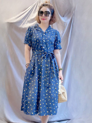 Váy đầm hoa cổ 2 ve tay bồng Navy Floral 5