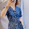 Váy đầm hoa cổ 2 ve tay bồng Navy Floral