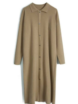 Váy đầm len dài tay cổ sơ mi Beige