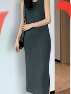 Váy đầm len gile xẻ gấu Grey