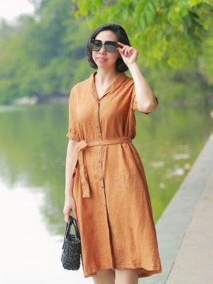 Váy đầm sơ mi diễu chỉ nẹp áo Brown 4