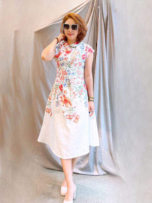 Váy đầm gấm hoa cổ sen can eo White Floral