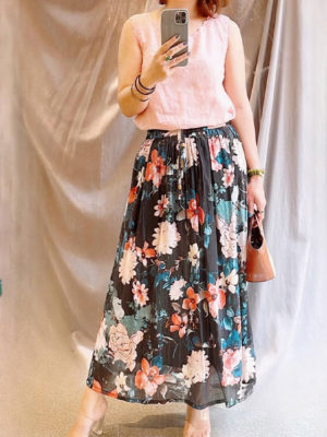 Chân váy hoa cạp chun rút dây Black Floral