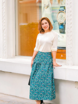 Chân váy gấm hoa dúm tầng Blue Floral 2