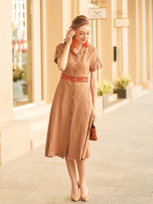 Váy đầm cổ 2 ve can eo thổ cẩm Brown
