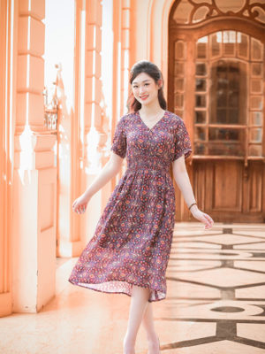Váy đầm cổ tim chồng chun eo Purple 1