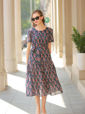 Váy đầm can ngực tùng xòe hoa cam Navy Floral