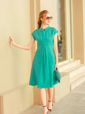 Váy đầm cổ sơ mi can eo túi chéo Green 4