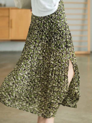 Chân váy dập dúm 3 tầng xẻ gấu Green Floral