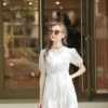 Váy đầm cổ tim 2 lớp can eo tay bồng White Floral 4