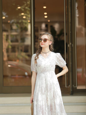 Váy đầm cổ tim 2 lớp can eo tay bồng White Floral 4