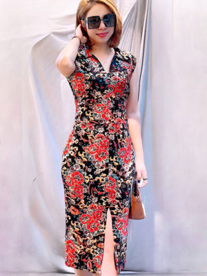 Váy đầm nhung hoa gile sườn xám cổ sơ mi Floral 2