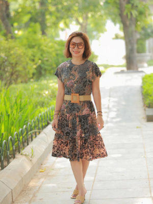 Váy đầm nhung hoa tay chờm chân dúm tầng Brown Floral