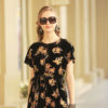 Váy đầm nhung hoa tay liền xẻ trước Black Floral 2