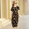 Váy đầm nhung hoa tay liền xẻ trước Black Floral 3