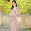 Bo ao dai nhung hoa Beige Floral