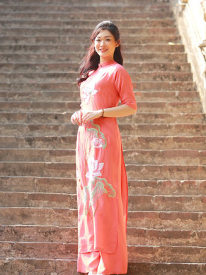 Bo ao dai lua theu sen Orange 1
