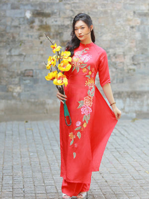 Bo ao dai lua theu cuc Red