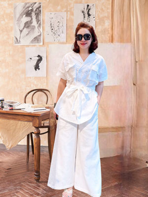 Áo 2 hàng cúc can eo túi ốp ngực White 1