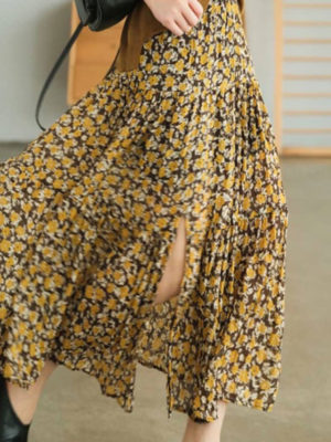 Chân váy dập dúm 3 tầng xẻ gấu Yellow Floral