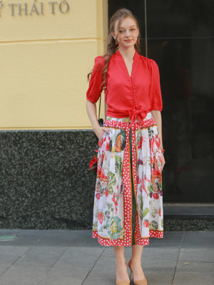 Chân váy hoa dúm cạp Red Floral 2