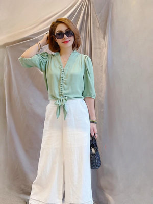 Áo croptop mở cúc buộc tà Green