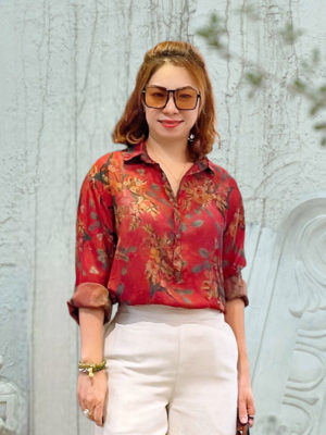 Áo sơ mi cổ đức bo trụ giat vân Wine Floral 2