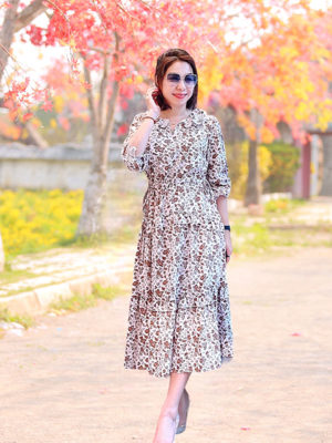 Váy đầm hoa chun eo 2 tầng bèo Brown Floral