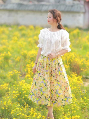 Chân váy hoa ly súp cạp chun sau Floral