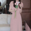 Bộ áo, chân váy len dập 1 bên Pink 2