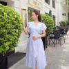 Váy đầm kẻ gile cổ Y bèo tay Blue Stripe