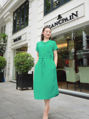 Váy đầm cổ đức túi ngực rút eo Green