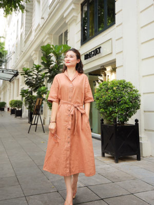 Váy đầm sơ mi diễu chỉ nẹp áo Brown